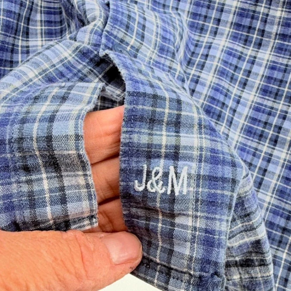 Johnston & Murphy Blue Plaid Textured Flannel Tailored Fit  L/S Shirt Size XL‎